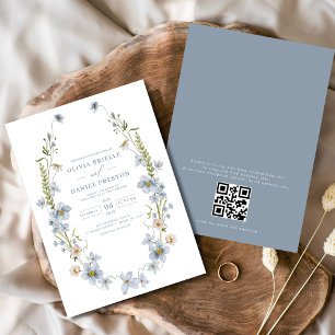 QR Code Dusty Blue Elegant Garden Vintage Wedding Invitation
