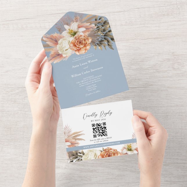 QR Code Dusty Blue Floral Wedding All In One Invitation (Tearaway)