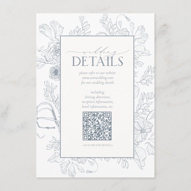 QR Code Dusty Blue Floral Wedding Details Enclosure Card (Front)