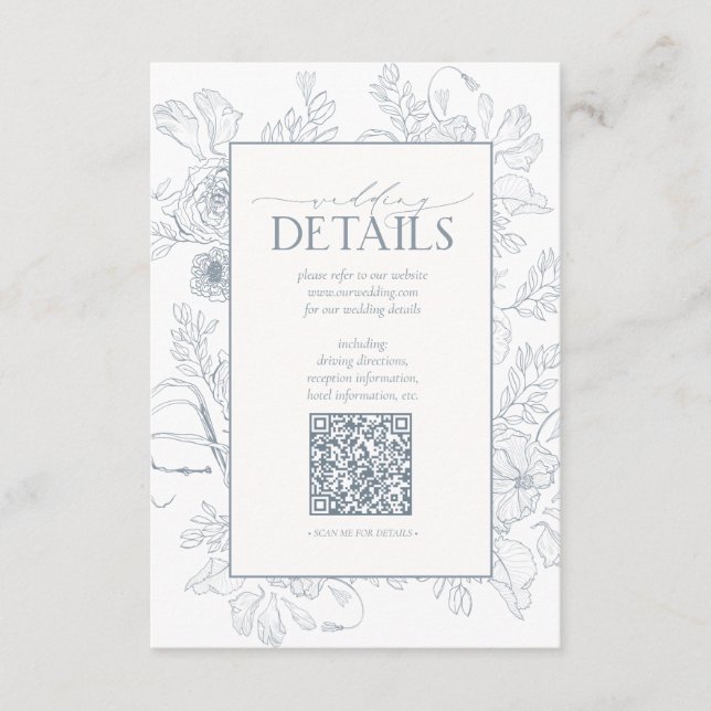QR Code Dusty Blue Floral Wedding Details Enclosure Card (Front)