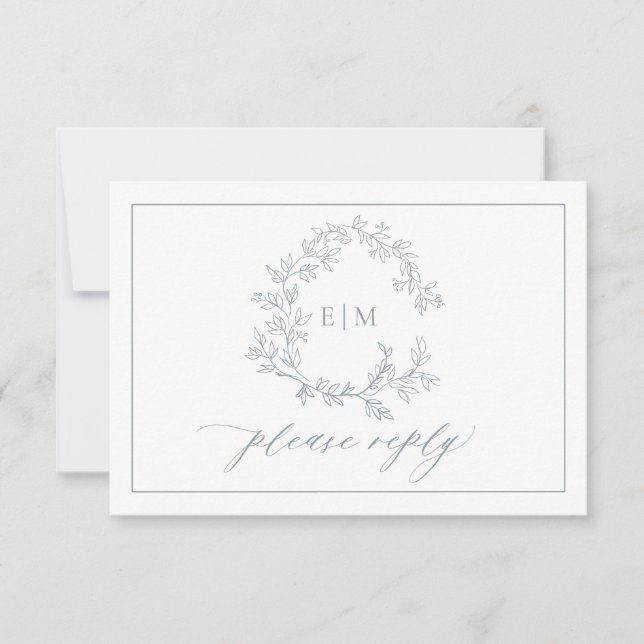 QR Code Dusty Blue Leafy Crest Monogram Wedding RSVP Card (Front)