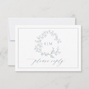 QR Code Dusty Blue Leafy Crest Monogram Wedding RSVP Card
