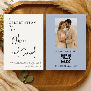 QR Code Dusty Blue Script Photo Wedding Invitation