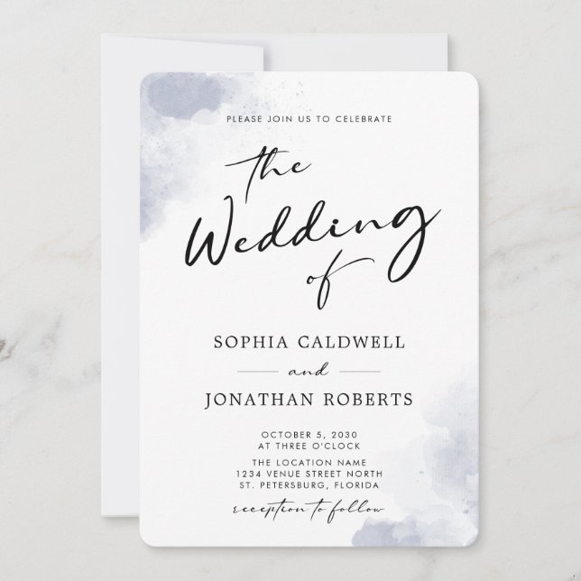 QR Code Dusty Blue Watercolor Calligraphy Wedding Invitation (Front)