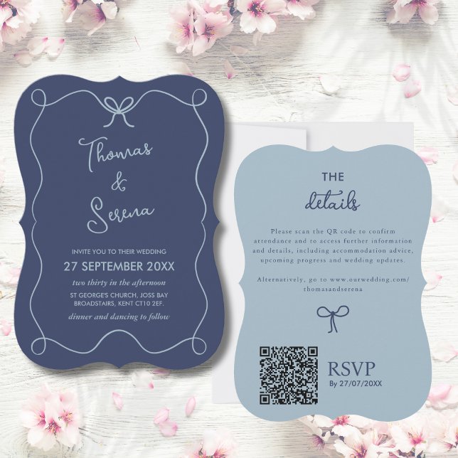 QR Code Dusty Navy Blue Wavy Hand Drawn Doodle Invitation (Creator Uploaded)