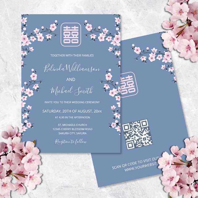 QR Code Dusty Pink Blossom Blue | Chinese Wedding Invitation (Creator Uploaded)
