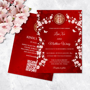 QR Code Dusty Pink Cherry Blossom Chinese Wedding Invitation