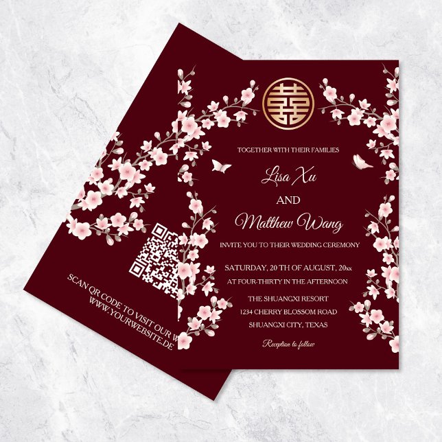 QR Code Dusty Pink Cherry Blossom  Chinese Wedding Invitation (Creator Uploaded)