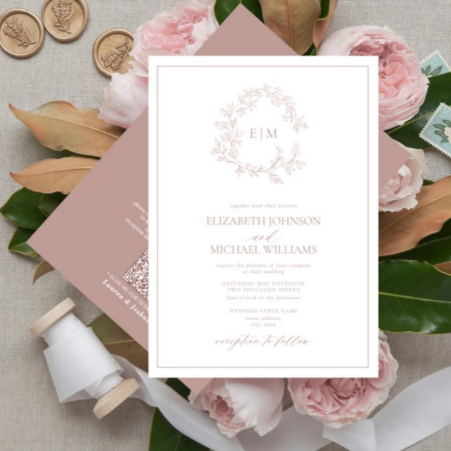 QR Code Dusty Rose Leafy Crest Monogram Wedding Invitation (Creator Uploaded)