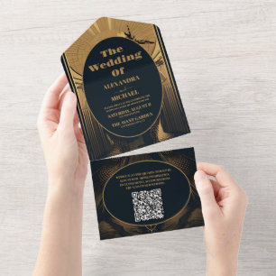 QR Code Elegant Art Deco Peacocks Wedding All In One Invitation