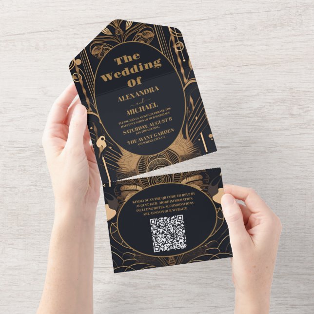 QR Code Elegant Art Deco Peacocks Wedding All In One Invitation (Tearaway)