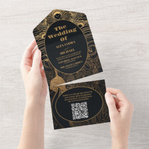 QR Code Elegant Art Deco Peacocks Wedding All In One Invitation