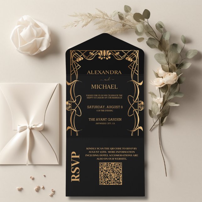 QR Code Elegant Art Nouveau Wedding All In One Invitation (Creator Uploaded)