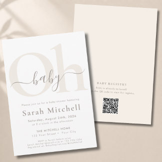 QR Code Elegant Beige Gender Neutral Baby Shower Invitation
