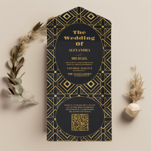 QR Code Elegant Black and Gold Art Deco Wedding All In One Invitation