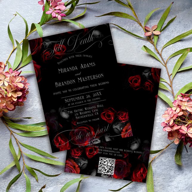 QR Code Elegant Black and Red Floral Wedding Invitation (Creator Uploaded)