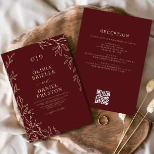 QR Code Elegant Burgundy Gold Monogram Wedding Invitation