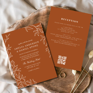QR Code Elegant Burnt Orange Minimal Leaf Wedding Invitation