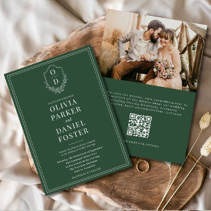 QR Code Elegant Crest Emerald Green Photo Wedding Invitation