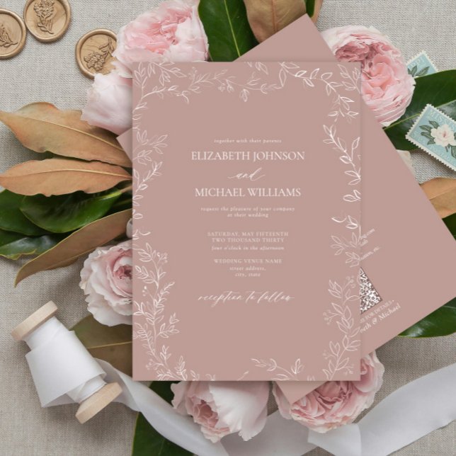 QR Code Elegant Dusty Rose Minimal Leaf Wedding Invitation (Creator Uploaded)