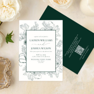 QR Code Elegant Emerald Green Floral Line Art Invitation