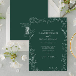 QR Code Elegant Emerald Green Minimal Leaf Wedding Invitation