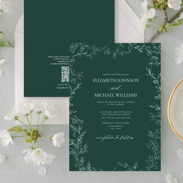 QR Code Elegant Emerald Green Minimal Leaf Wedding Invitation (Creator Uploaded)