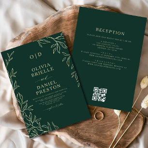 QR Code Elegant Emerald Green Monogram Wedding Invitation