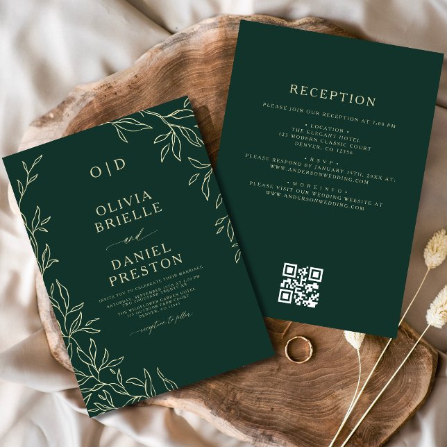 QR Code Elegant Emerald Green Monogram Wedding Invitation (Creator Uploaded)