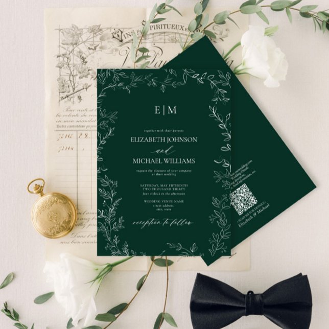 QR Code Elegant Emerald Green Monogram Wedding Invitation (Creator Uploaded)