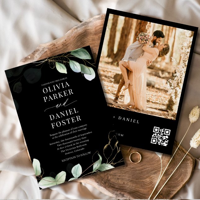 QR Code Elegant Eucalyptus Black Photo Wedding Invitation (Creator Uploaded)