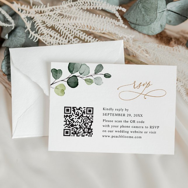 QR Code Elegant Eucalyptus Greenery Gold Wedding RSVP Card (Creator Uploaded)