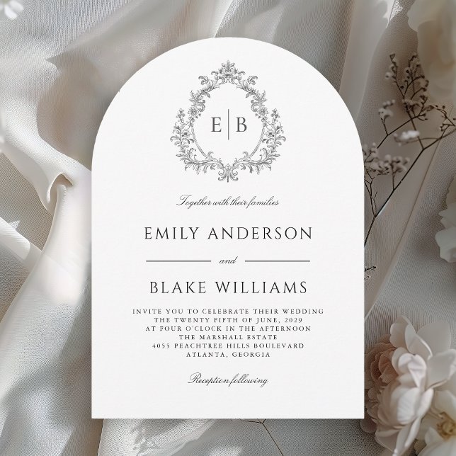 QR Code Elegant Formal Wedding Crest Monogram Invitation (Creator Uploaded)