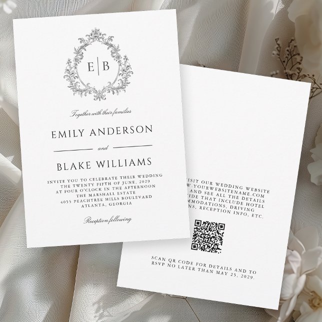 QR Code Elegant Formal Wedding Crest Monogram Invitation (Creator Uploaded)