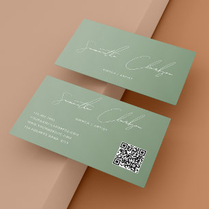 QR Code Elegant Full Sage Green Handwritten Script Business Card