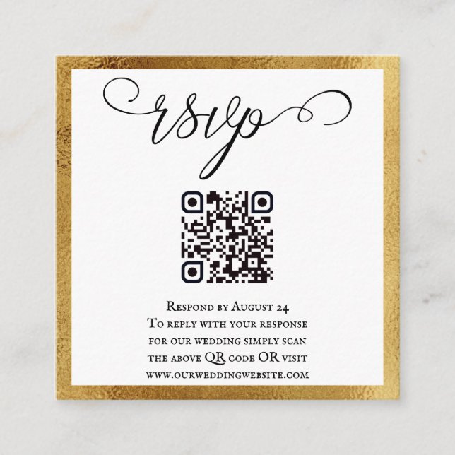 QR Code Elegant Gold Black White Wedding RSVP Enclosure Card (Front)
