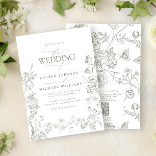 QR Code Elegant Green Chinoiserie Floral Wedding Invitation