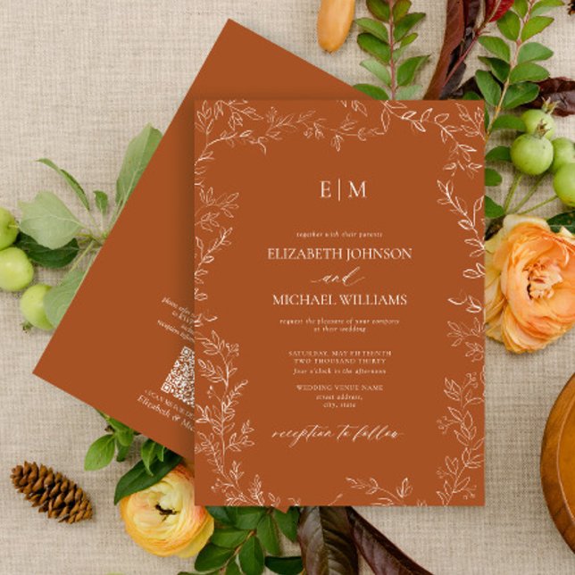 QR Code Elegant Leaf Burnt Orange Monogram Wedding Invitation (Creator Uploaded)