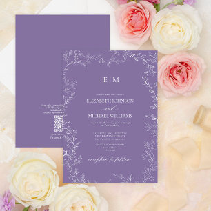 QR Code Elegant Leaf Lavender Monogram Wedding Invitation