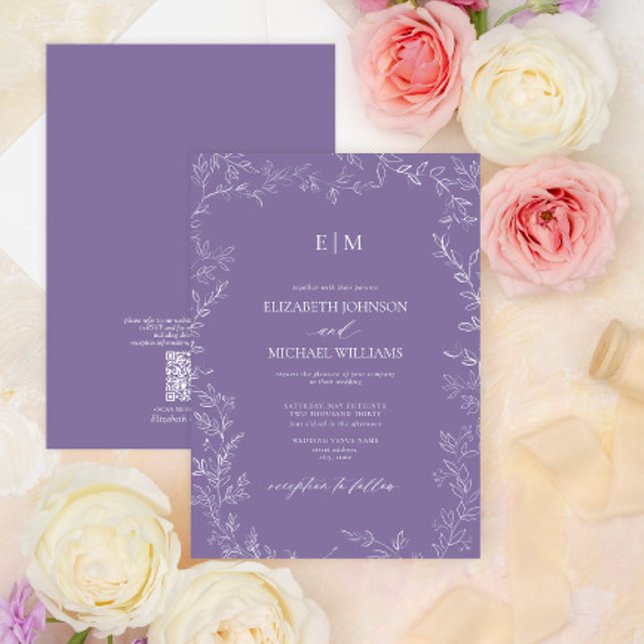 QR Code Elegant Leaf Lavender Monogram Wedding Invitation (Creator Uploaded)