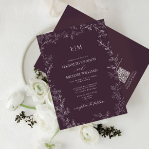 QR Code Elegant Leaf Plum Purple Monogram Wedding Invitation