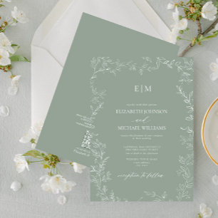 QR Code Elegant Leaf Sage Green Monogram Wedding Invitation