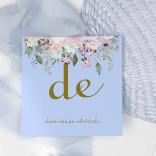 QR Code Elegant Light Blue Floral Cosmetics Square Business Card