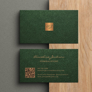 QR code elegant luxury green gold monogram Business Card