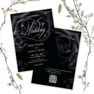 QR Code Elegant Midnight Rose Calligraphy Wedding Invitation
