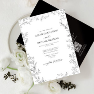 QR Code Elegant Minimal Leaf Black & White Wedding Invitation