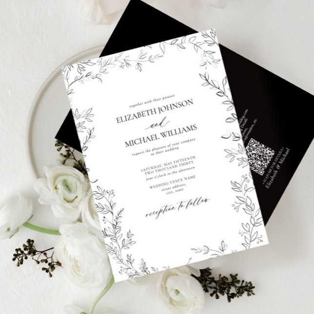 QR Code Elegant Minimal Leaf Black & White Wedding Invitation (Creator Uploaded)