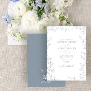 QR Code Elegant Minimal Leaf Dusty Blue Wedding Invitation