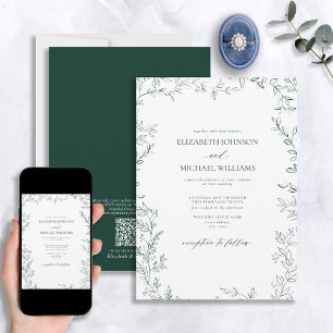 QR Code Elegant Minimal Leaf Emerald Green Wedding Invitation