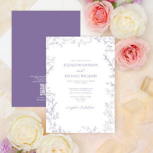 QR Code Elegant Minimal Leaf Lavender Wedding Invitation